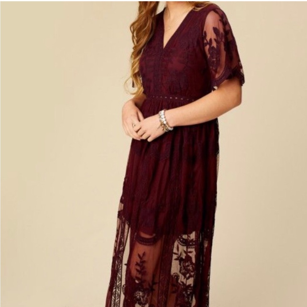 Altar'd State Deep Red Lace Maxi Dress